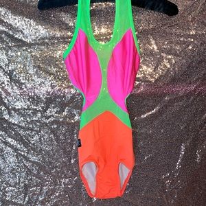 NEW - KANDI KOUTURE - HOT GREEN/PINK/ORANGE DANCE LEOTARD - SIZE: CHILD LARGE
